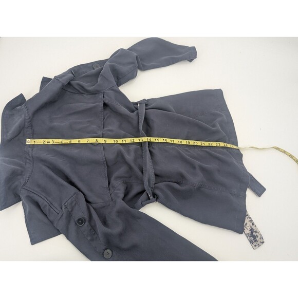 Laurie Felt Navy Blue Floral Trim Belted Button Up Collared Jacket Size S/M - Picture 7 of 10